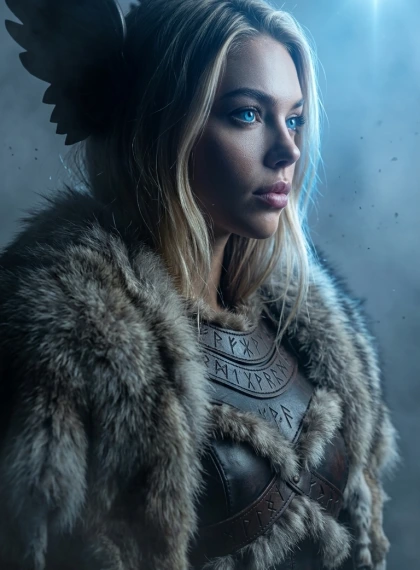 Siluet Epik Prajurit Perang Viking dengan Helm Sayap dan Jubah Bulu Serigala di Kabut Biru Dingin
