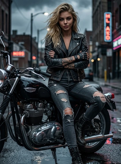 Silueta Biker Lëkure në Motocikletë Vintage Stuhishme