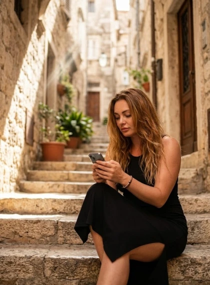 Sitting pose on the stairs of the old town, knees pulled up, gaze down at the phone, sun rays pierce through the arch...