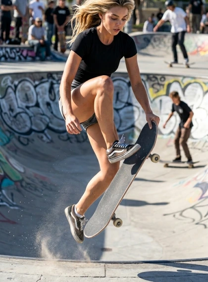 Skate park shred: Ollie mid-air, hanging knee highlight reel legs.