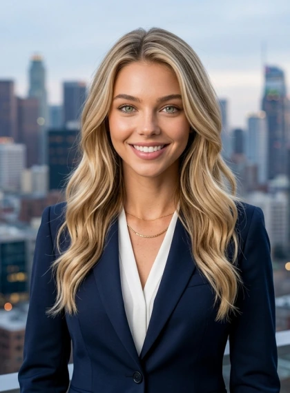 Sleek headshot of a smiling executive in tailored suit against city skyline.