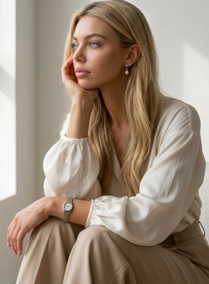 Soft natural light from the window falls on the face, chin rests on the palm, gaze directed to the side, minimal whit...