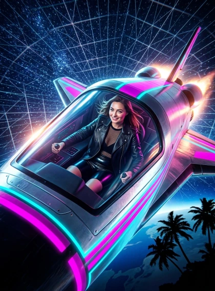 Space shuttle races through the endless starry sky with a geometric grid, neon magenta and cyan stripes on the hull, ...
