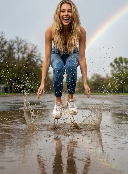 Springen in Regenplas met Regenboog | Vrolijke Plons