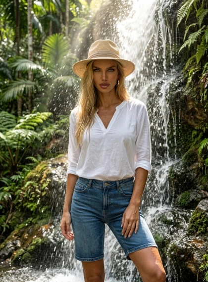 Standing at the base of a waterfall in a tropical forest, water cascades behind, drops on hair, hands along the body,...