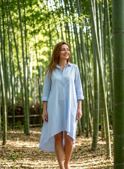 Standing in the Arashiyama bamboo grove, tall stems swaying in the wind, dappled sunlight through the leaves, ground ...