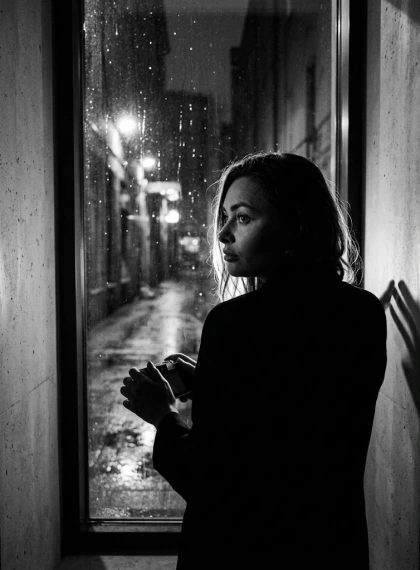 Stands with back turned, head turned: silhouette against a window with rain, reflection of lights on the glass, pose ...