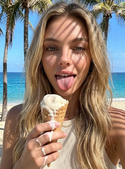 Street selfie with ice cream, cream dripping down the fingers, bright sun, shadows from palms, background with palms ...