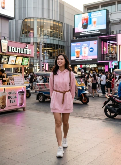 Strolling relaxed along Siam Square city life street, hands behind back, modern malls and street fashion crowds, boba...