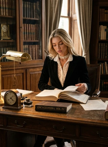 Study with a clock and cabinets, hand turns the page of the encyclopedia, head tilted to the side, gaze on the illust...