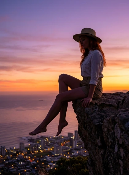Sunset Signal Hill Cape Town: Pose Kontemplatif di Tebing Batu dengan Pakaian Safari Ultra Realistis