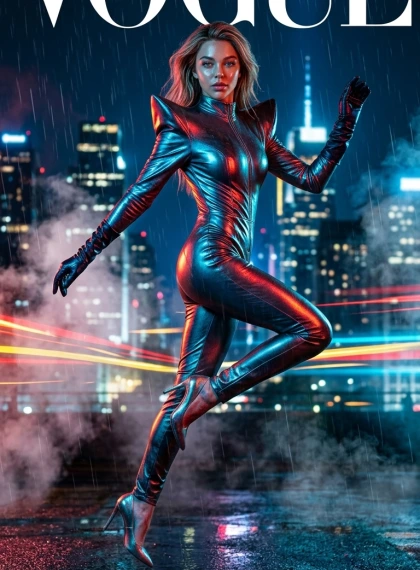 Supermodel against the background of an urban night panorama of a metropolis, in a form-fitting suit made of metallic...