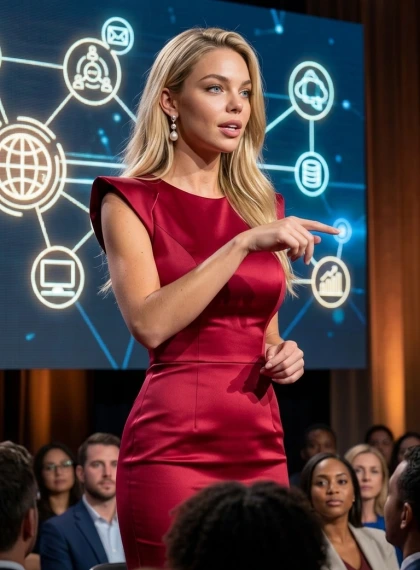 TED 스타일 강연 무대에서 보이지 않는 버튼 누르는 손, 진홍색 실크 드레스 여성 연사, 초현실적 사진