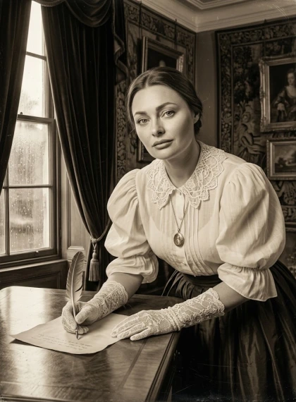 Three-quarter view of the figure leaning on elbow on an antique table, fingers holding a quill over parchment, outsid...