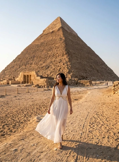 Ultra-detaljerad vy nära Khafres pyramid på sen eftermiddag – kvinna i böljande vit muslin med gyllene kedjor