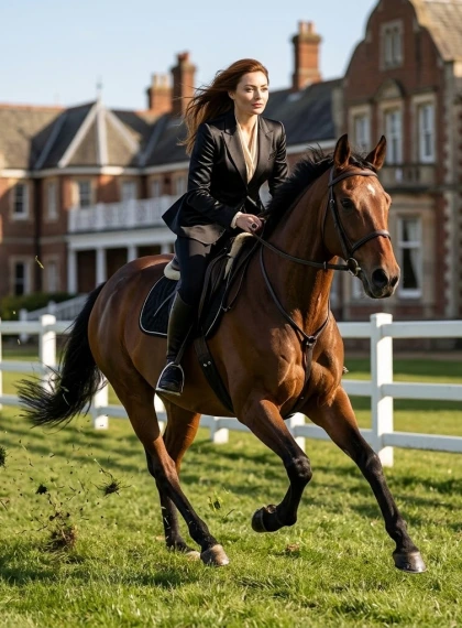 Ultra-realistic dynamic photo: riding a horse across the field of club hunting grounds, low tracking angle, grass sca...