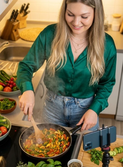 Ultra Realistic Kitchen Cooking Vlog: Mid-Stir Action, Steam Rising, Fresh Ingredients & Emerald Green Satin Shirt