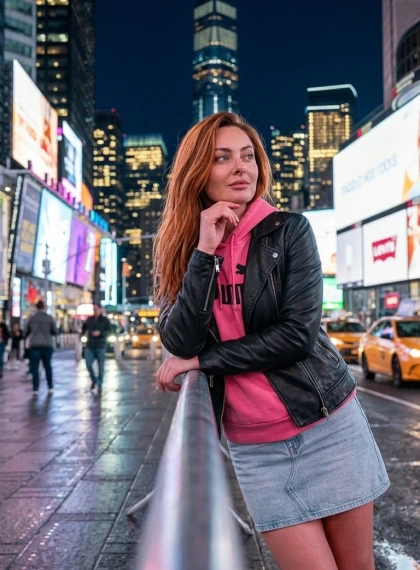 Ultra realistická fotka osoby pred One World Trade Center v noci – ružový hoodie, džínsová minisukňa, Puma tenisky