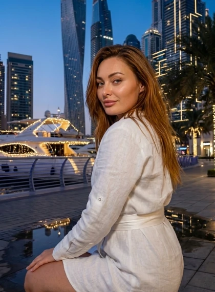 Ultra-realistická fotografia: Večerná prechádzka po promenáde Dubai Marina v bielej ľanovej košelenej šatke