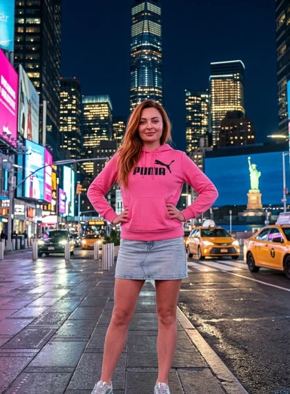 Ultra-realistische nachtfoto One World Trade Center: Zelfverzekerde persoon in roze hoodie, Vrijheidsbeeld op achterg...