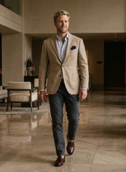Ultra-realistisches Foto: Eleganter Herr spaziert durch luxuriöse Hotel-Lobby in Beige-Blazer und Seidentaschentuch