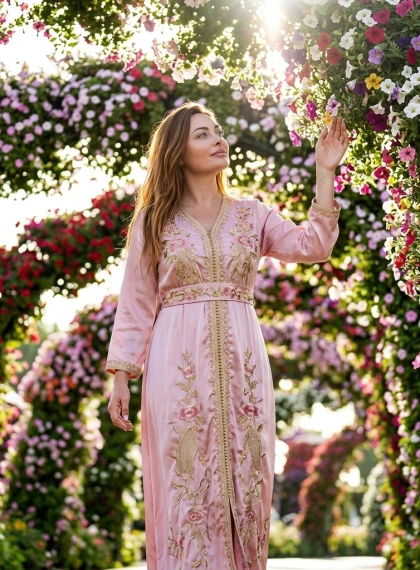 Ultra-realistisches Foto: Spaziergang durch blühende Bögen im Miracle Garden Dubai – Pastellrosa Maxikleid mit Blumen...