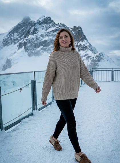 Ultra-realistisk cinematisk foto: Gång på Jungfraujoch observationsdäck i beige stickad kostym under snötoppar
