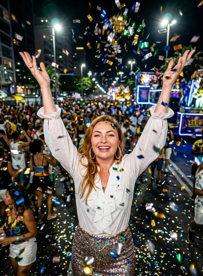 Ultra-realistična fotografija eksplozije konfeta na ulici u Rio de Janeiru: plešuća gomila, kaos i gradska svjetla