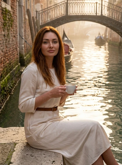 Ultra-realistična fotografija: Opuštanje kraj kanala u San Polu, Venecija - jutarnja magla, kava i elegantna ivorna m...