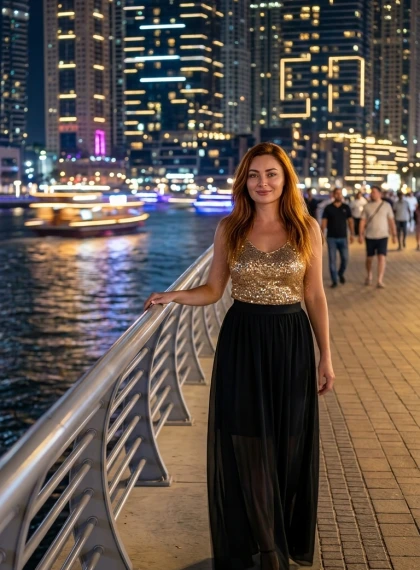 Ultra-realistična fotografija osobe na šetalištu Dubai Marina večer - zlatni top s paetama i šifon maksi suknja, 8K
