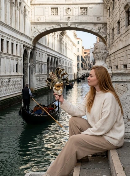 Ultrarealistická fotografie: Sedící na schodech u Mostu vzdechu v Benátkách, gondola na kanálu, benátské masky