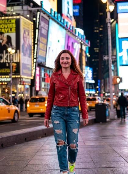 Ultrarealistična fotografija osebe na Broadwayu ponoči v rdeči usnjeni jakni in Adidas copatih