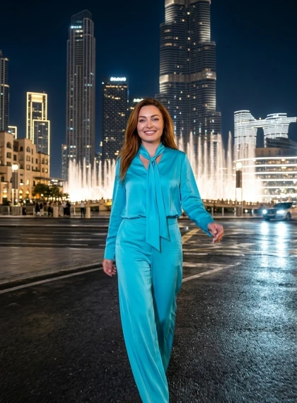 Ultrareālistiska fotogrāfija: Cilvēks iet pa Dubaijas centra bulvāri pie strūklakām, Burj Khalifa vakara gaismas
