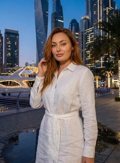 Večernja šetnja Promenadom Dubai Marina u bijeloj lanenoj haljini