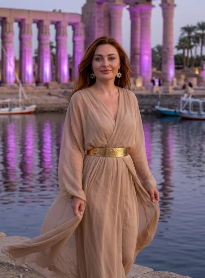 Viaggiatrice sul Nilo al Tramonto vicino al Tempio di Luxor: Colonne Viola Riflesse nell'Acqua, 8K Ultra Realistico