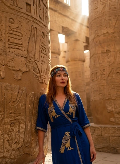 Viatgera repenjant contra pilar massiu al Temple de Karnak a l'hora daurada, raigs a l'hal de hipòstil