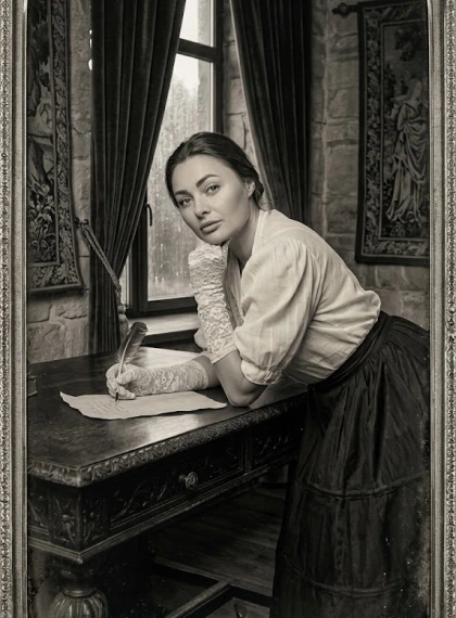 Victoriaanse Dame Schrijft in Regenachtig Interieur