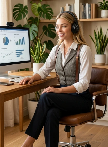 Video call in a home office: headphones, looking into the webcam, background with books and plants, screen with graph...