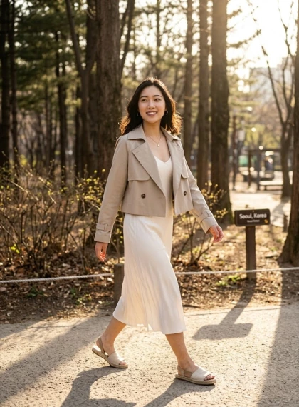 Wanita Berjalan Elegan di Seoul Forest: Gaun Sutra Ivory, Trench Coat Netral, Cahaya Sore Emas Ultra Realistis