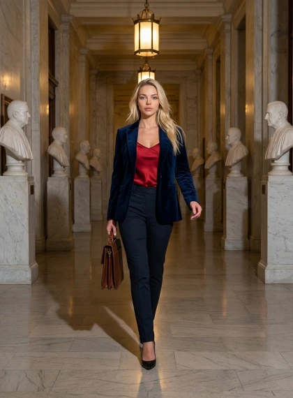 Wanita Berjalan Percaya Diri di Koridor Marmer Pengadilan, Jas Blazer Navy Velvet atas Kaus Satin Merah