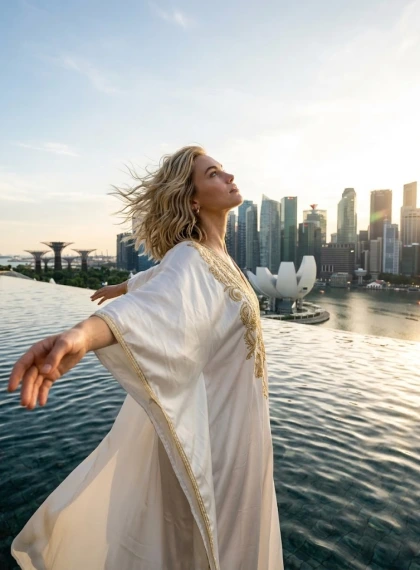 Wanita Elegan di Tepi Kolam Infinity Marina Bay Sands Saat Golden Hour - Foto Realistis Sinematik