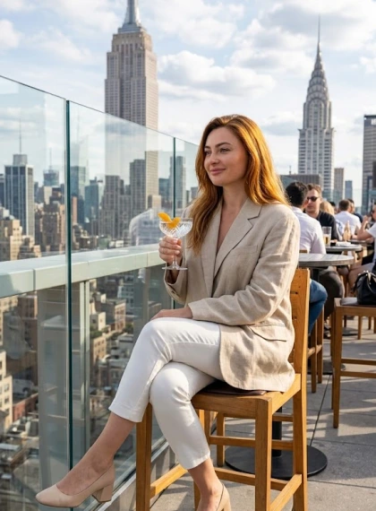 Wanita Elegan Duduk di Rooftop Bar Midtown New York, Pemandangan Skyline Siang Empire State Building
