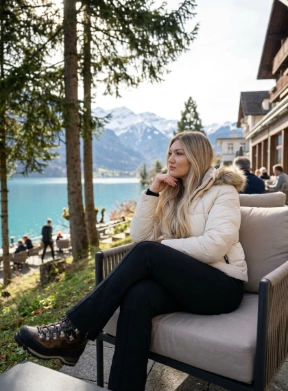 Wanita Elegan Santai di Teras Hotel Mewah Interlaken, Pemandangan Danau Turquoise