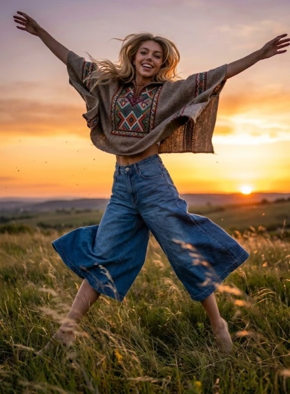 Wanita Melompat Gembira di Padang Rumput Liar Saat Sunset, Poncho Cropped Sulam Geometris & Culottes Pinggang Tinggi ...