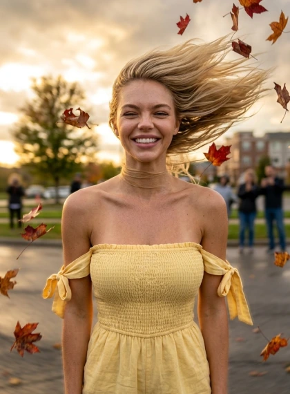 Wichrowy portret kobiety jesienią – włosy rozwiane, oczy w radości, liście wirujące, ultra fotorealizm