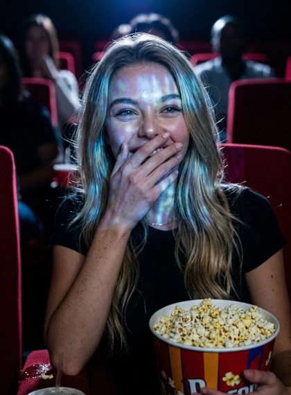 With popcorn in the cinema, dark hall, screen flickers blue light on the face, laughter with hand at the mouth, spill...