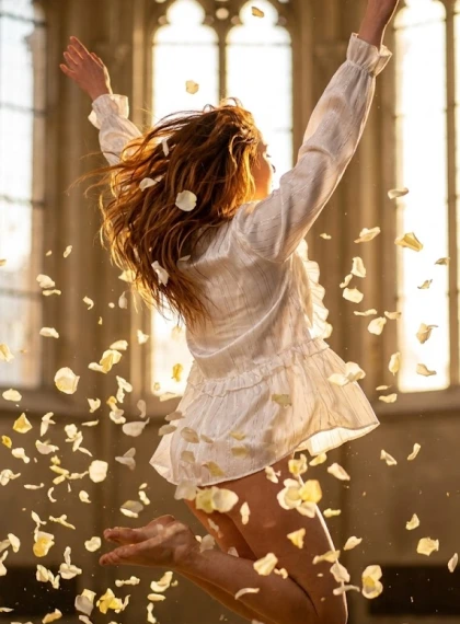 With swirling flower petals: dynamic jumping pose with arms up, petals in the air, golden glow, ultra-realistic motio...