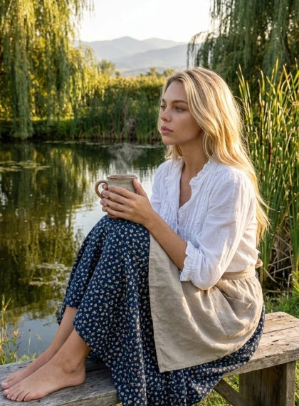 Wooden bench near the pond, cup of herbal tea in hands, steam rising, gaze on the horizon with mountains, around will...