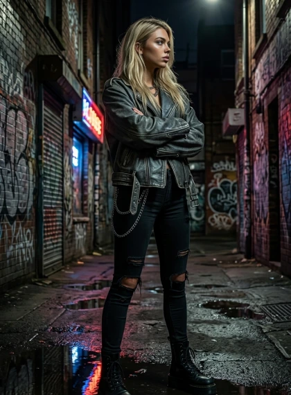 Zapuštena urbana uličica sa grafitima: Fotorealistički portret buntaša u kožnoj jakni