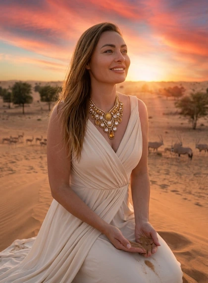 Žena v krémovej maxikleyni na kopci v Dubai Desert Conservation Reserve – západ slnka a gazely